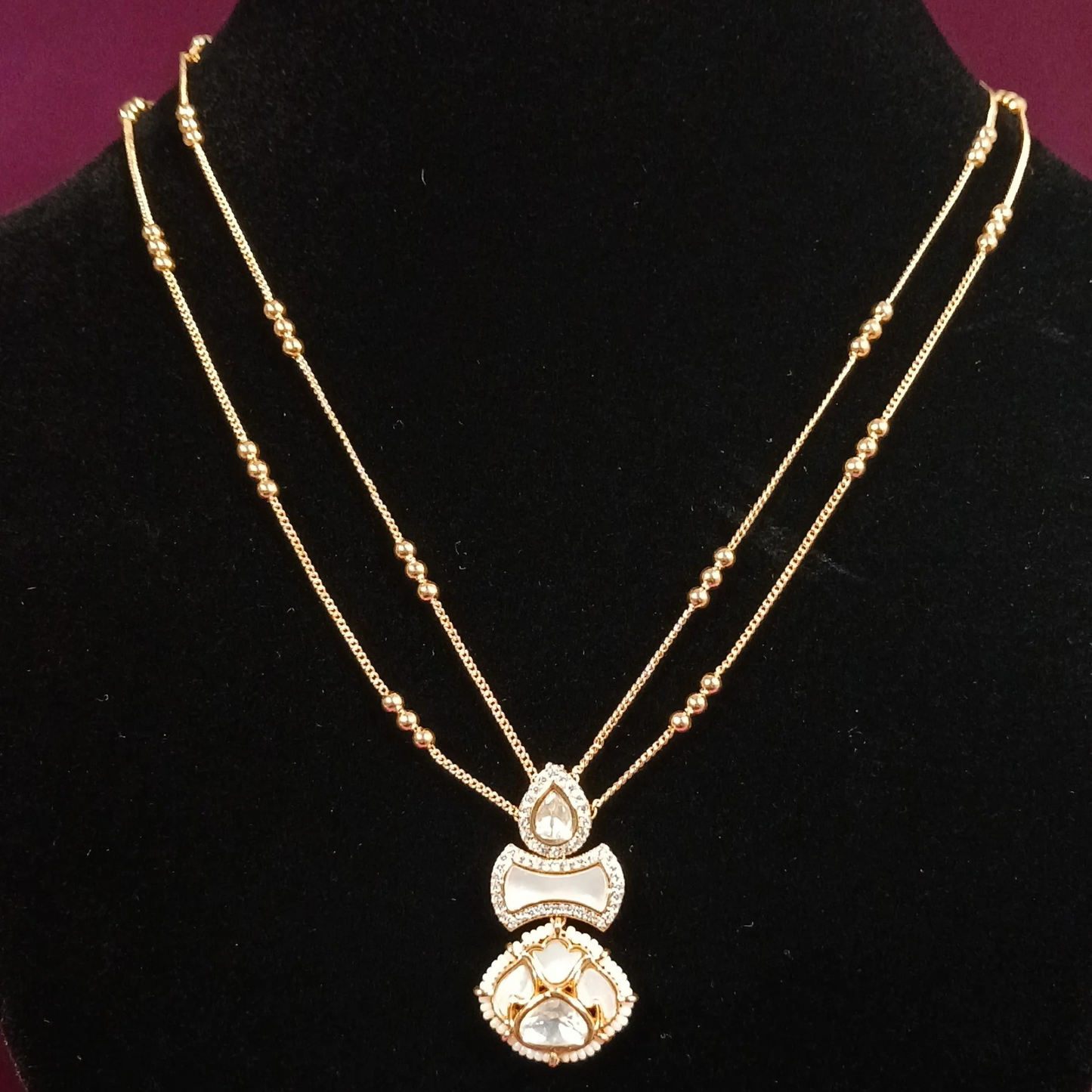 Polki & MOP Pendant Set with Double Layer Chain- AP165