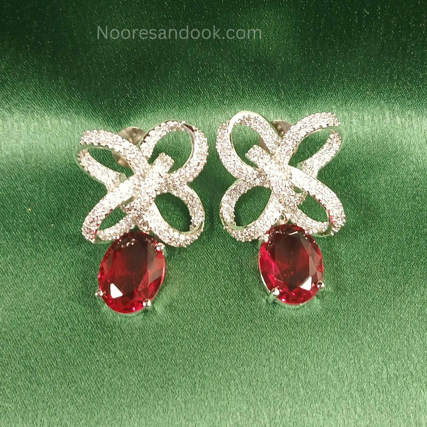 American Diamond Earrings with Red Drop