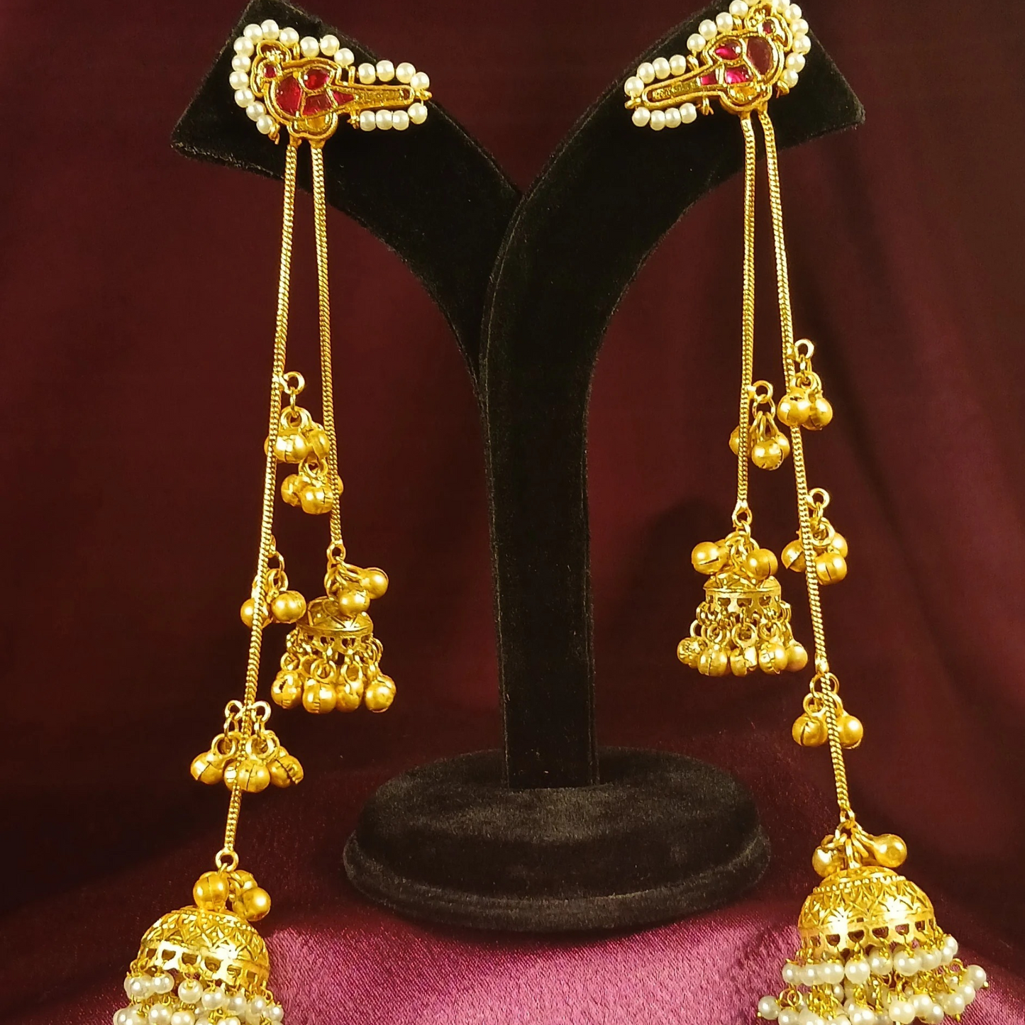 Kashmiri Earrings with Long Chain & Jhumka