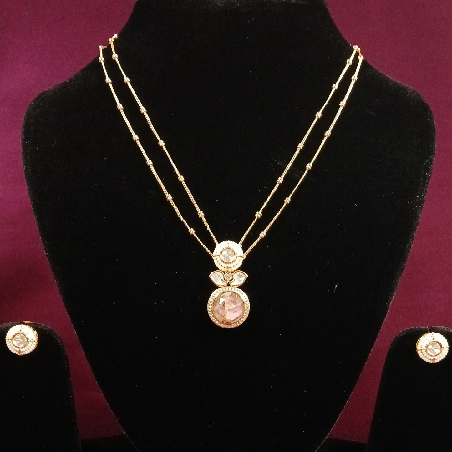 Pearl & Polki Pendant Set with Double Layer Chain- AP171B