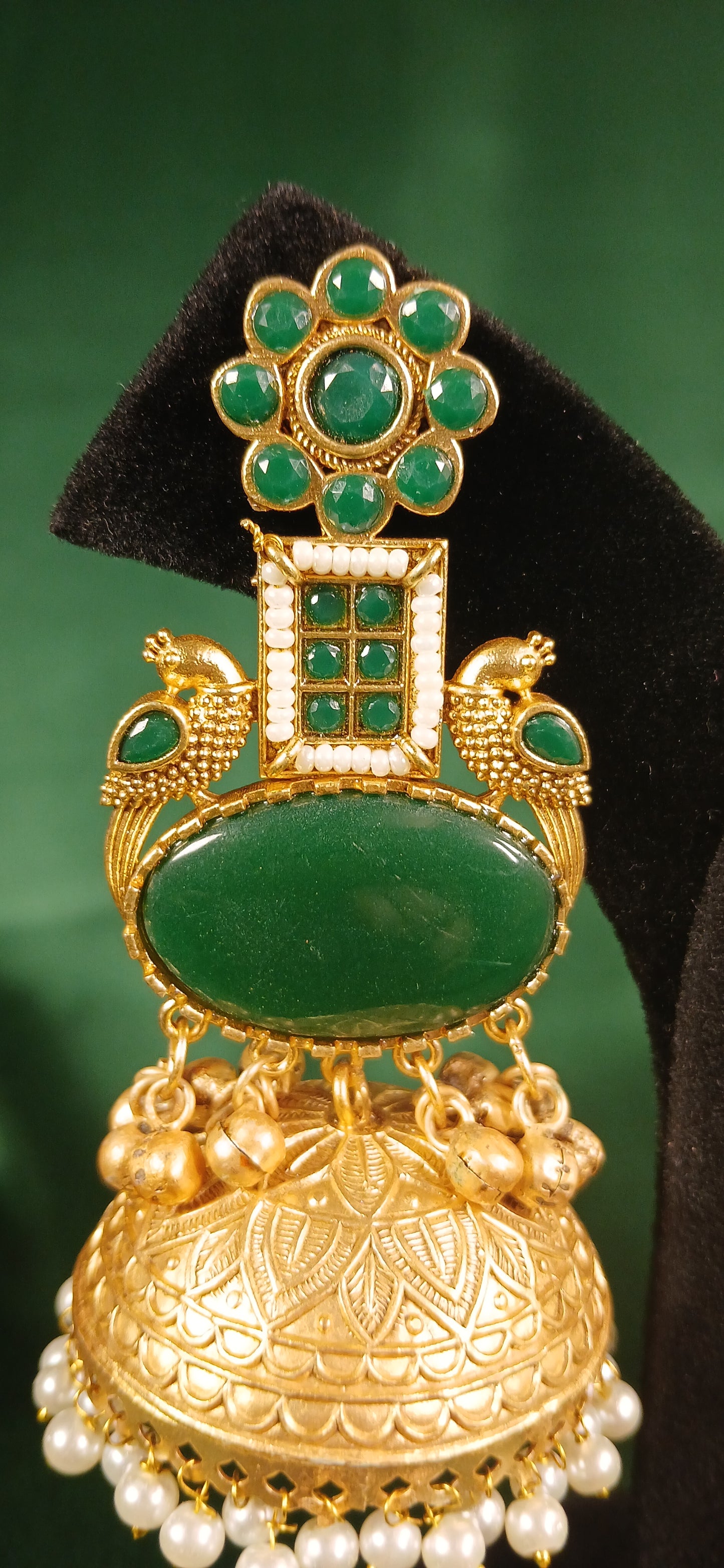 Long Golden Jhumka with green stones