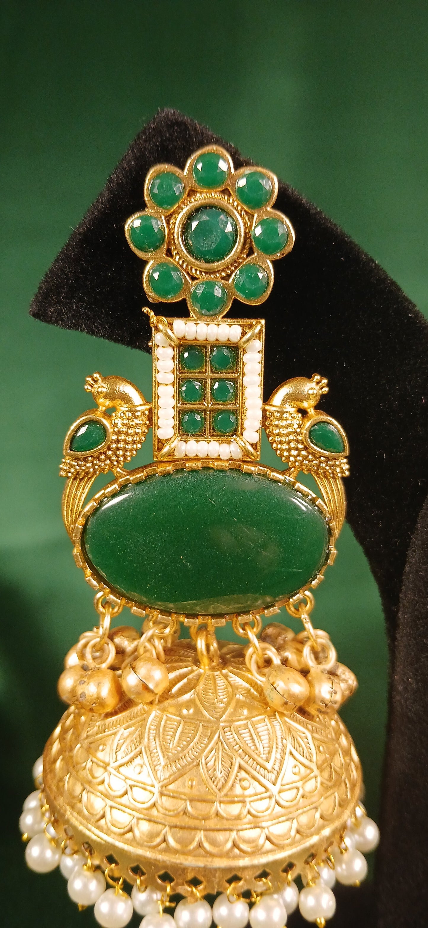 Long Golden Jhumka with green stones - NoorESandook