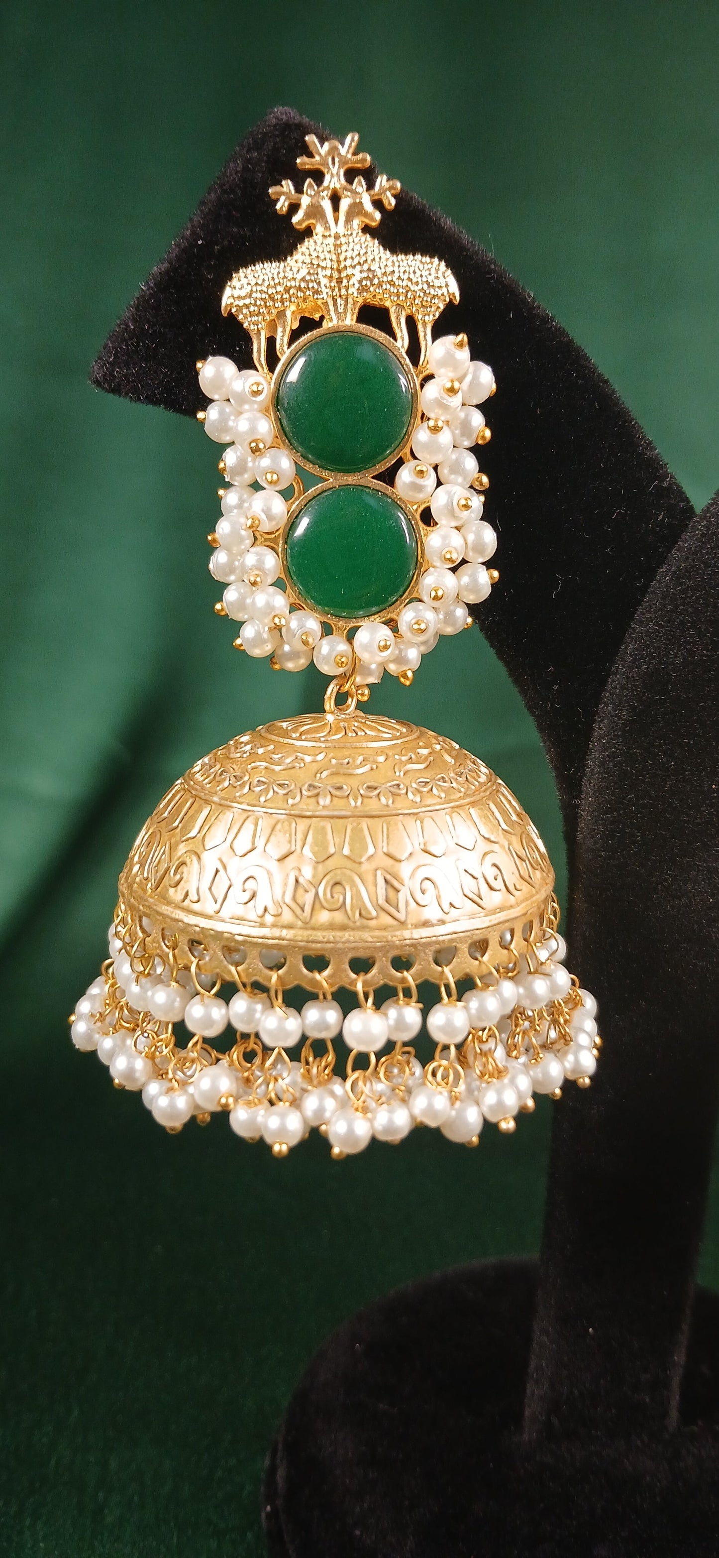 Golden Jhumka Big- Dark Green - NoorESandook