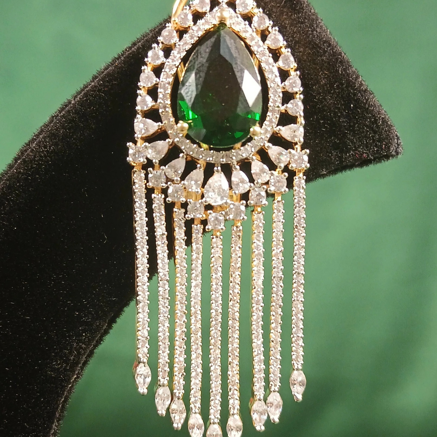 American Diamond Earrings with Green Stone - NoorESandook