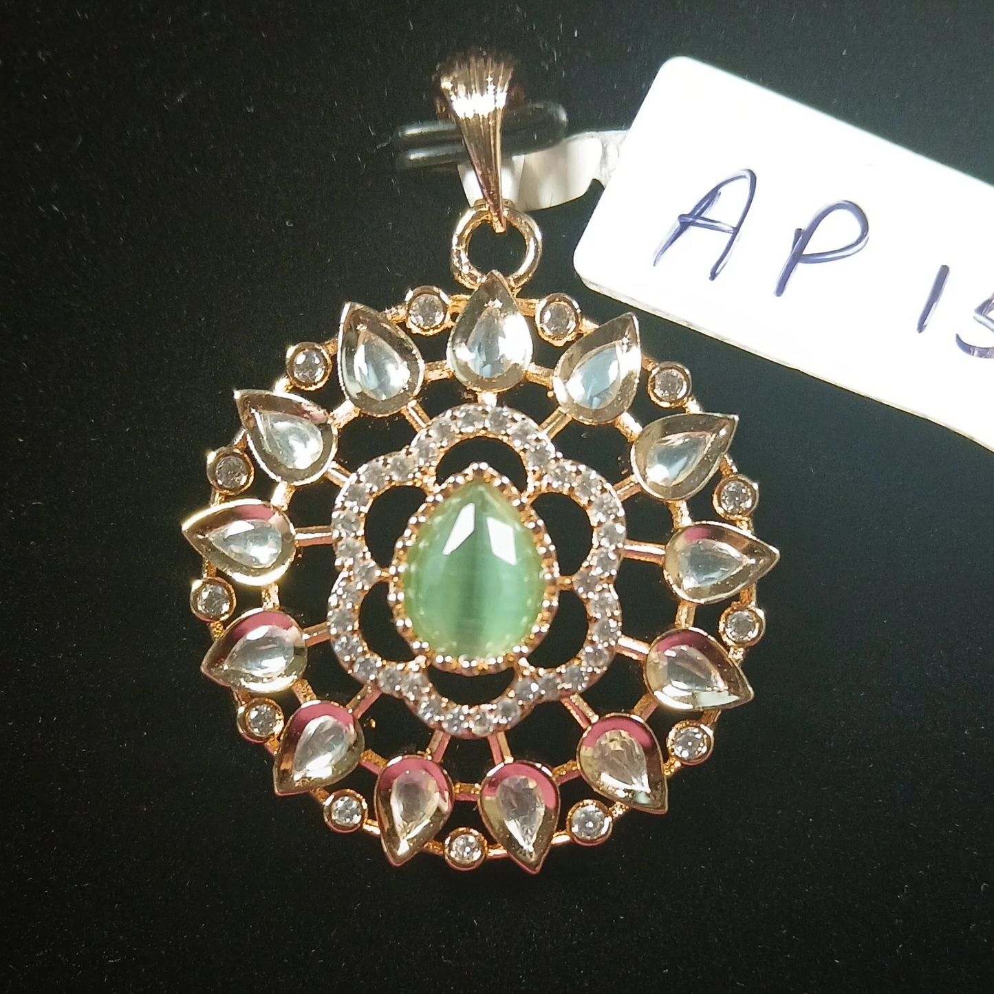 Polki Pendant Set with Green Stone