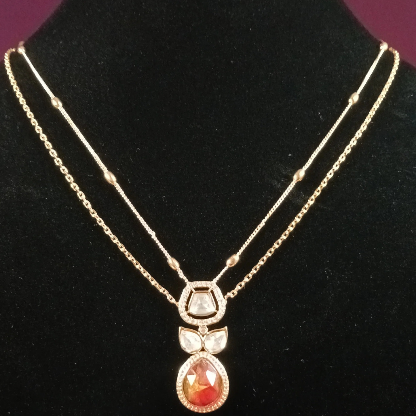 Polki Pendant Set with Double Layer Chain- AP163C