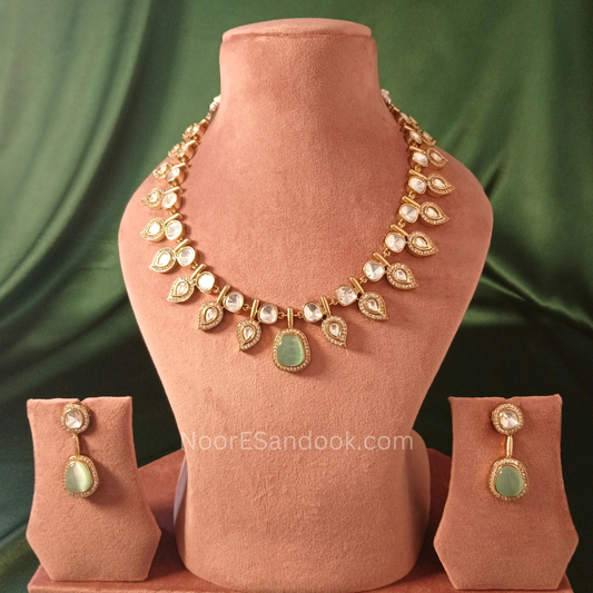 Meera Polki Necklace Set- Green - NoorESandook