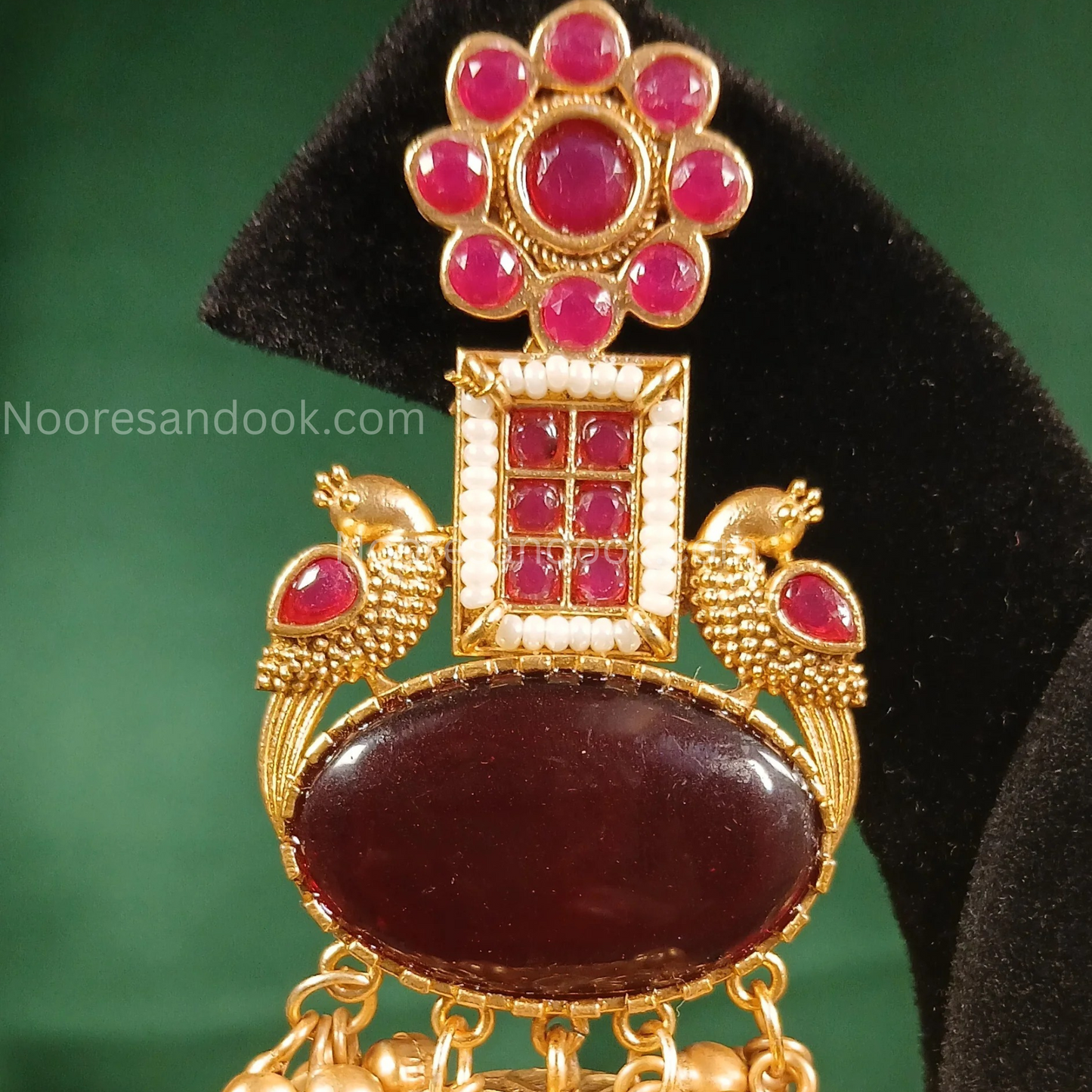 Long Golden Jhumka with red stones