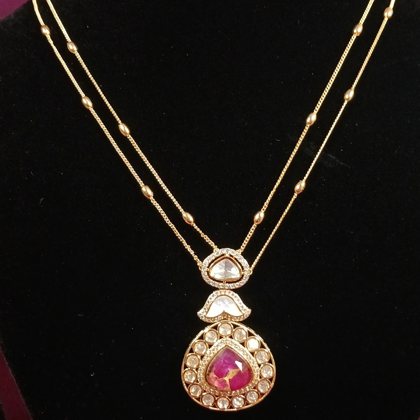 Polki & Pink Doublet Stone Pendant Set with Double Layer Chain- AP166B
