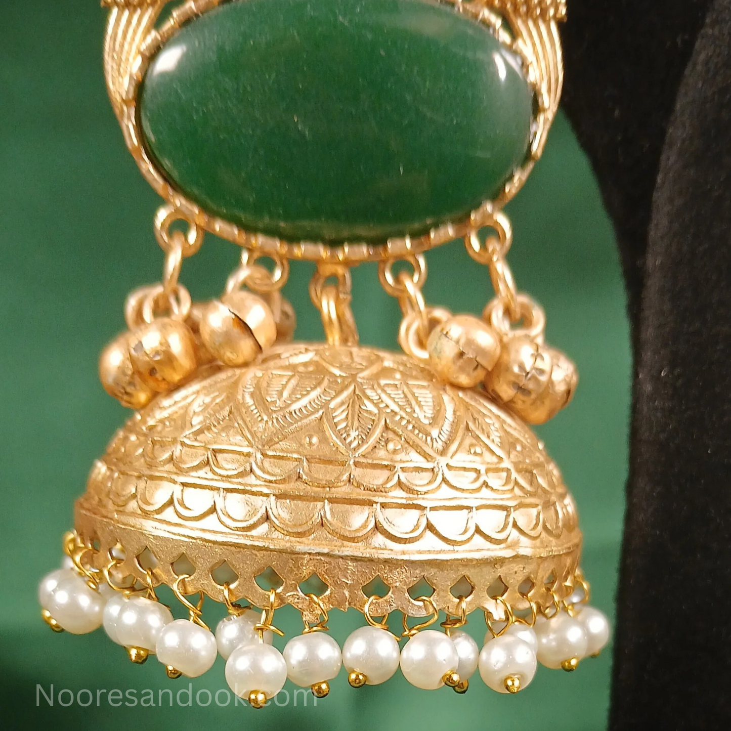 Long Golden Jhumka with green stones