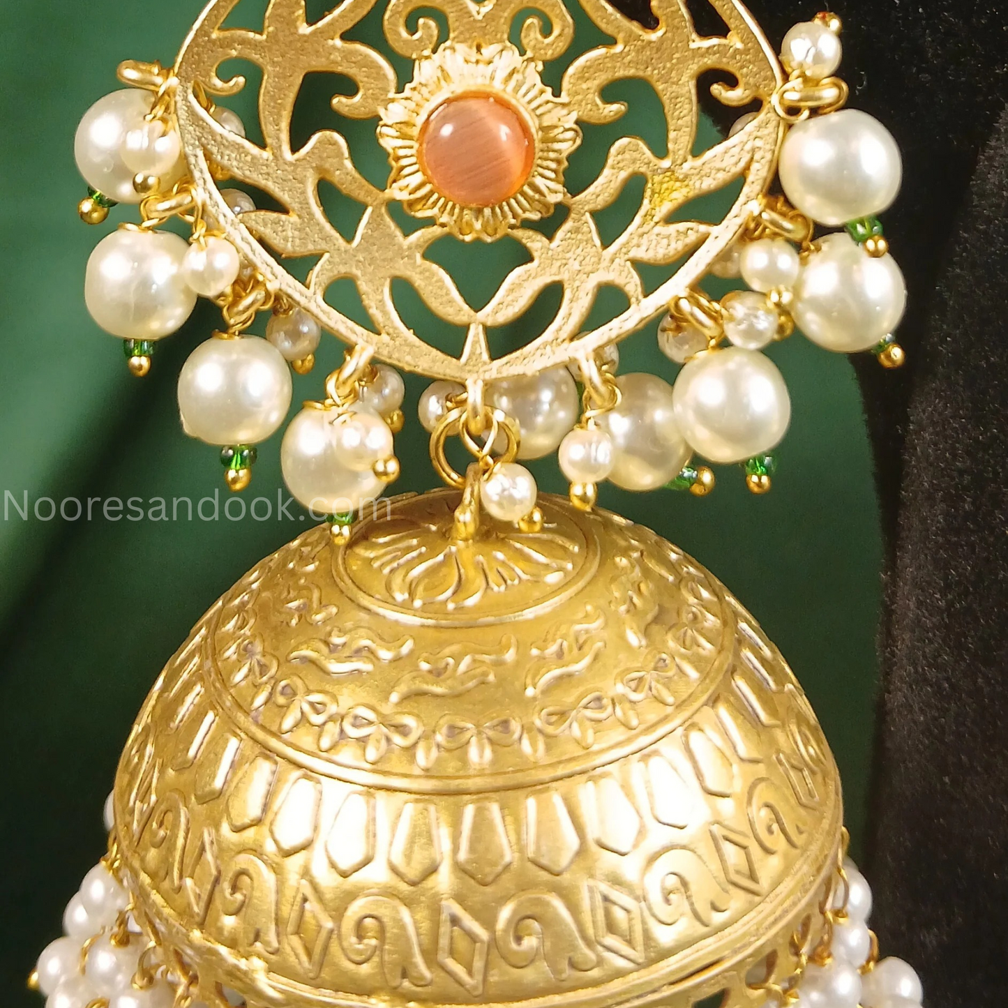 Long Golden Jhumka with Orange Stone