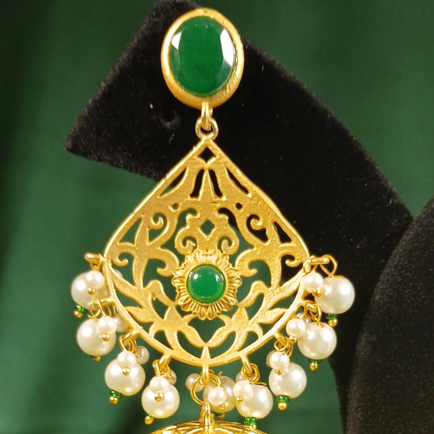 Long Golden Jhumka with Green Stones
