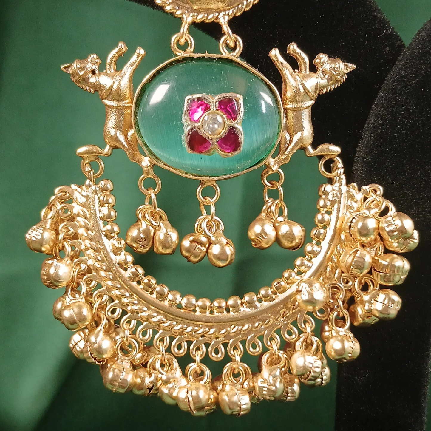 Chandbali- Red Carved Mint Green Stone