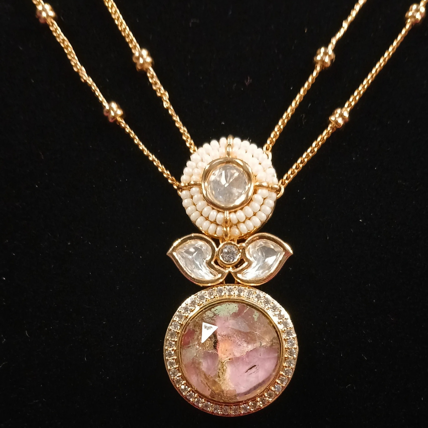 Pearl & Polki Pendant Set with Double Layer Chain- AP171B