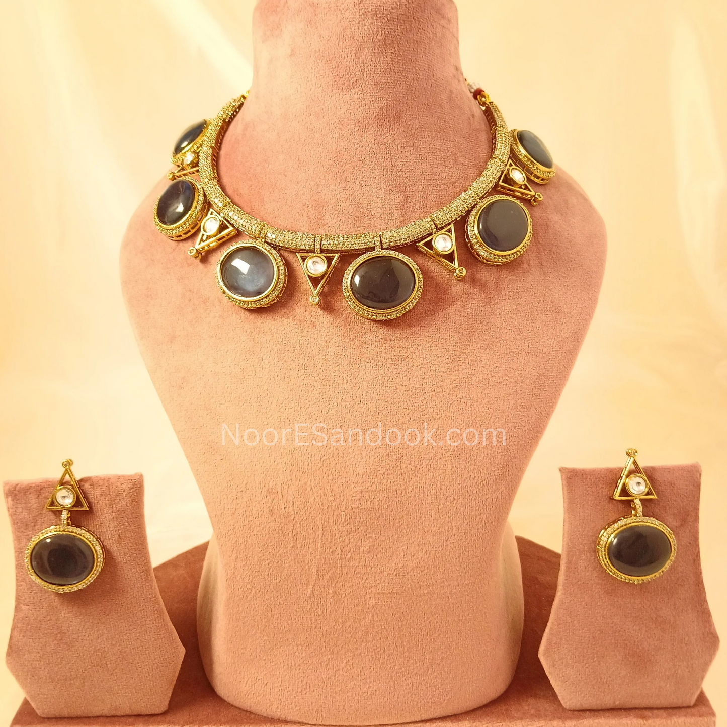 Round and v Doublet stone necklace- Blue