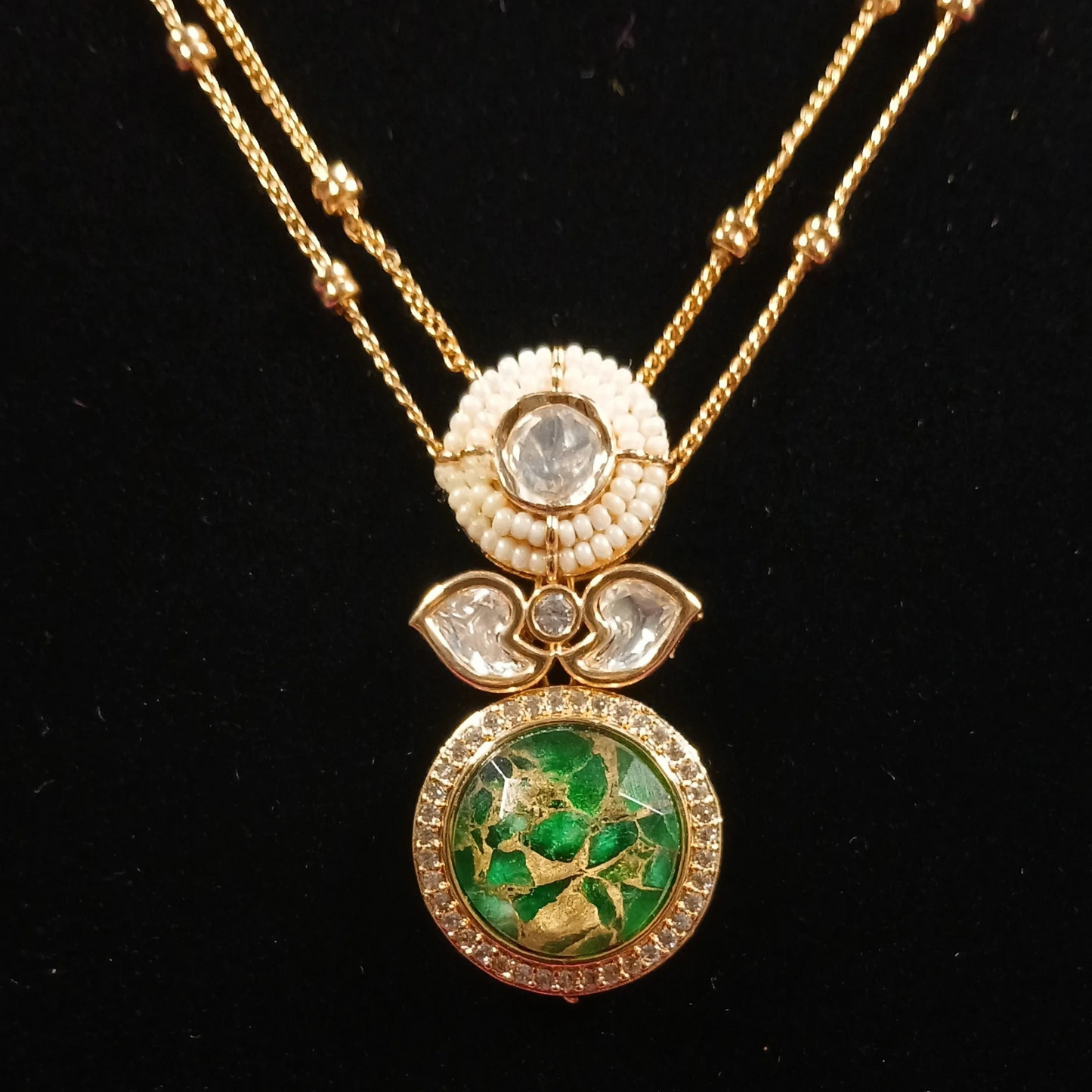 Pearl & Polki Pendant Set with Double Layer Chain- AP171A