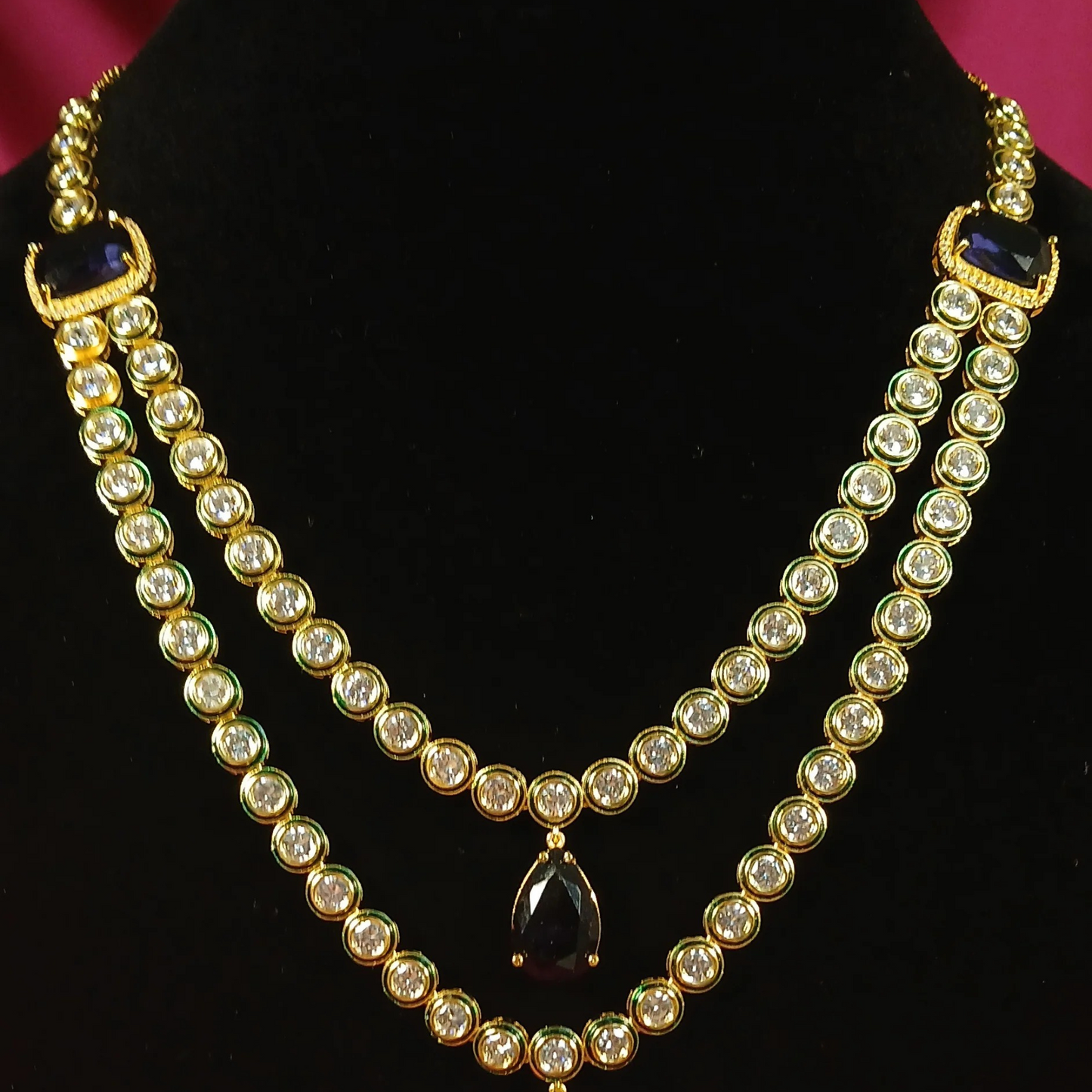 Layered Polki Necklace set with Purple Drop Stones