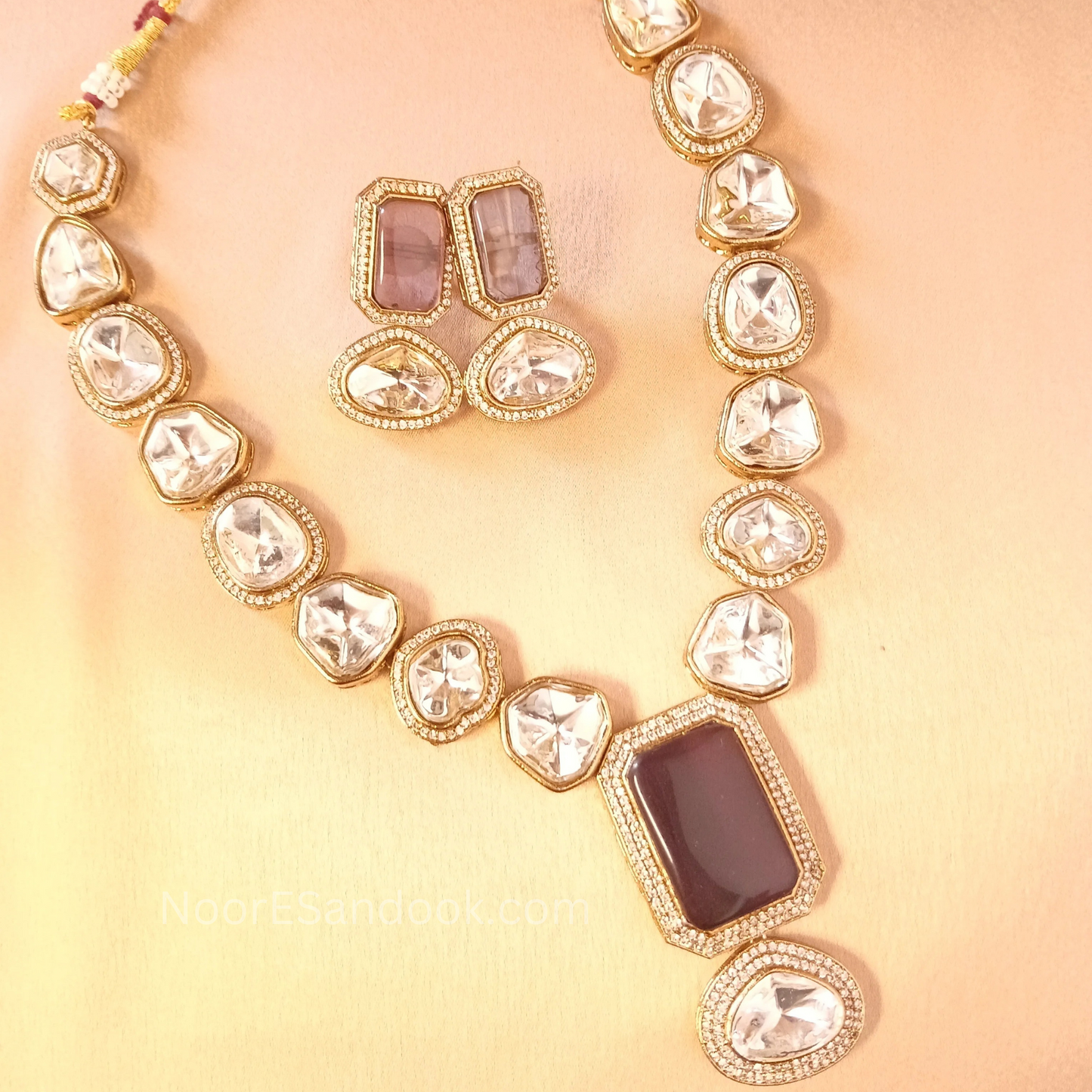 Polki Necklace with long pendant in stone- Lavender