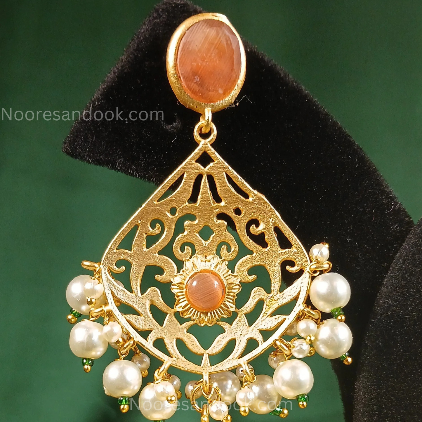 Long Golden Jhumka with Orange Stone