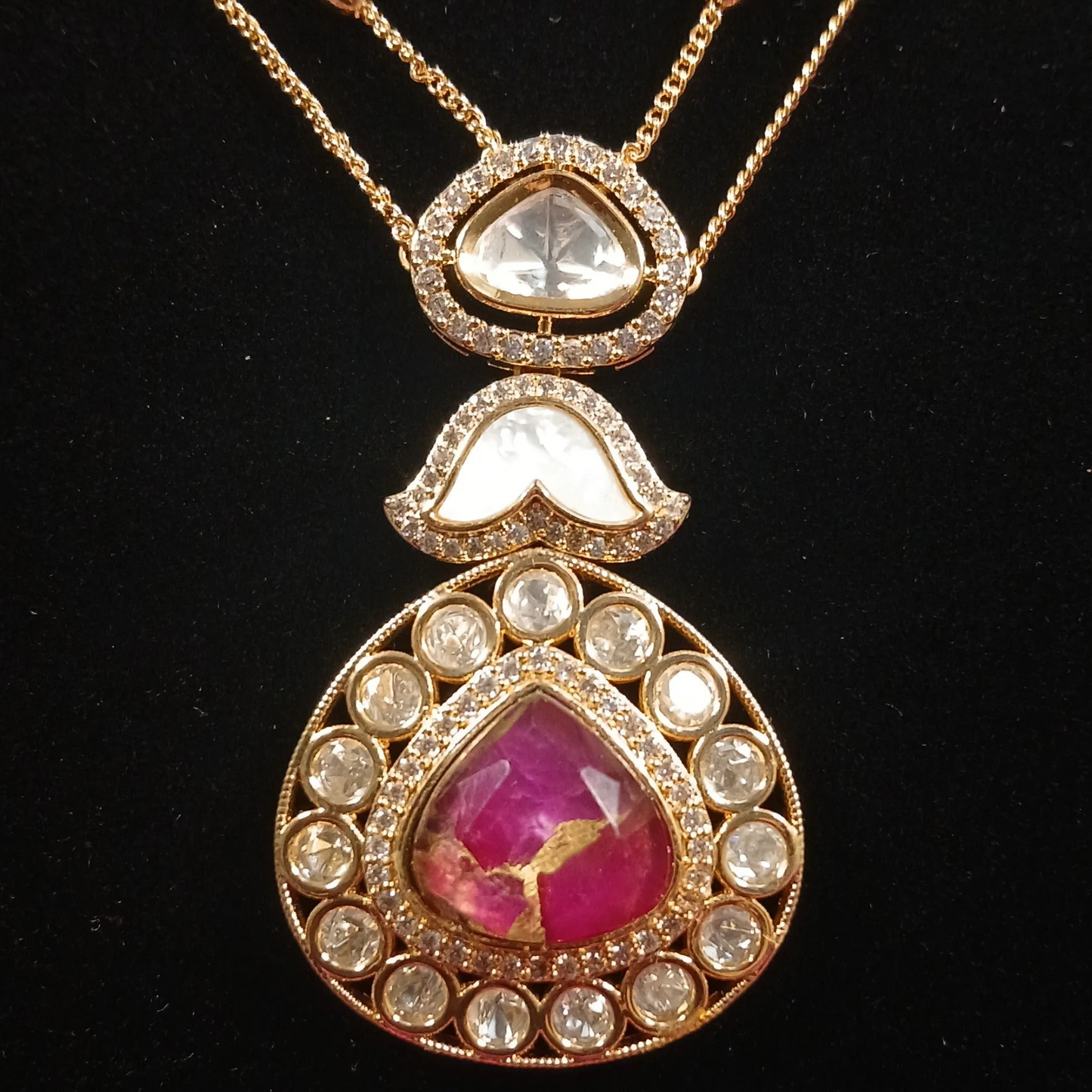 Polki & Pink Doublet Stone Pendant Set with Double Layer Chain- AP166B