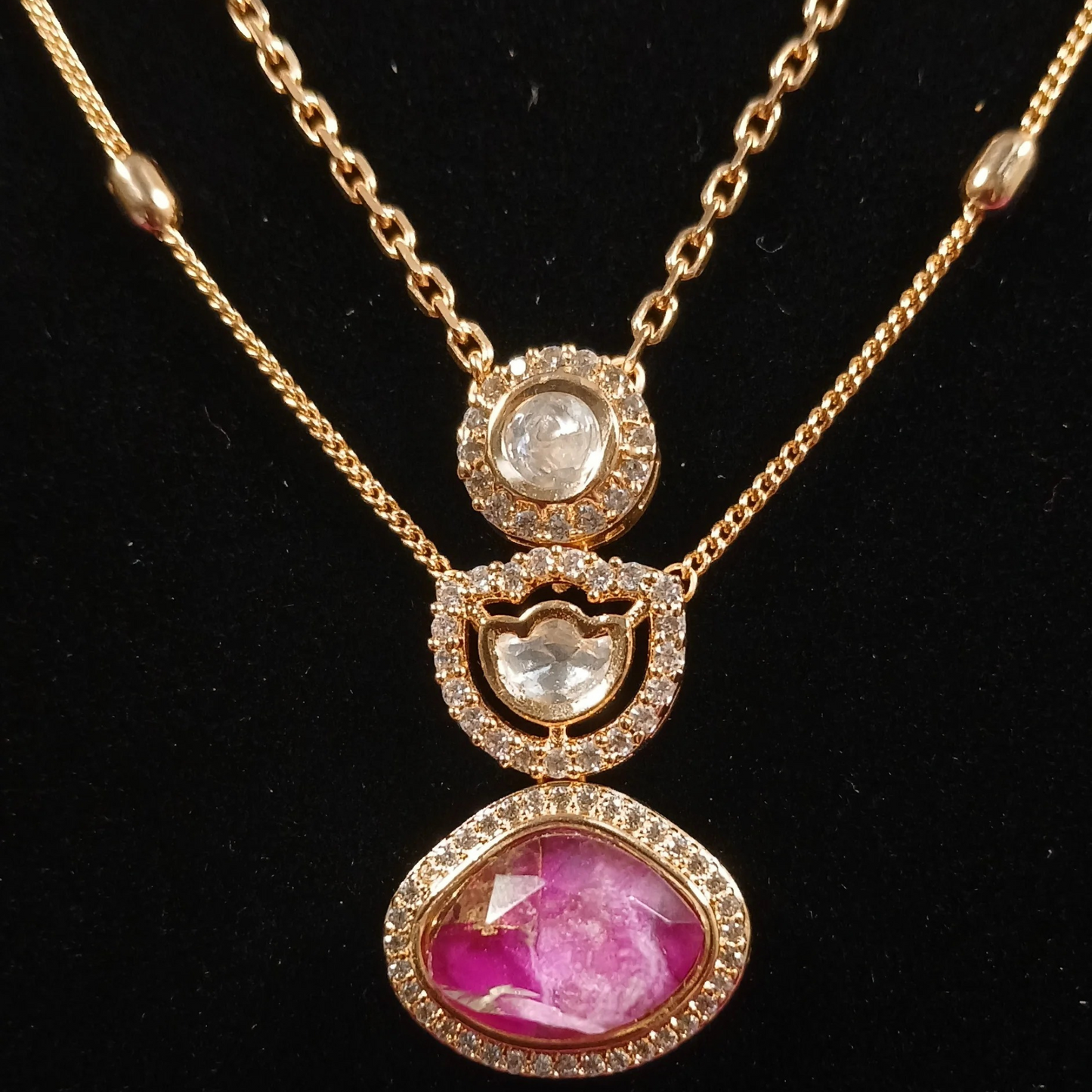 Polki Pendant Set with Doublet Stone & Double Layer Necklace- AP168C
