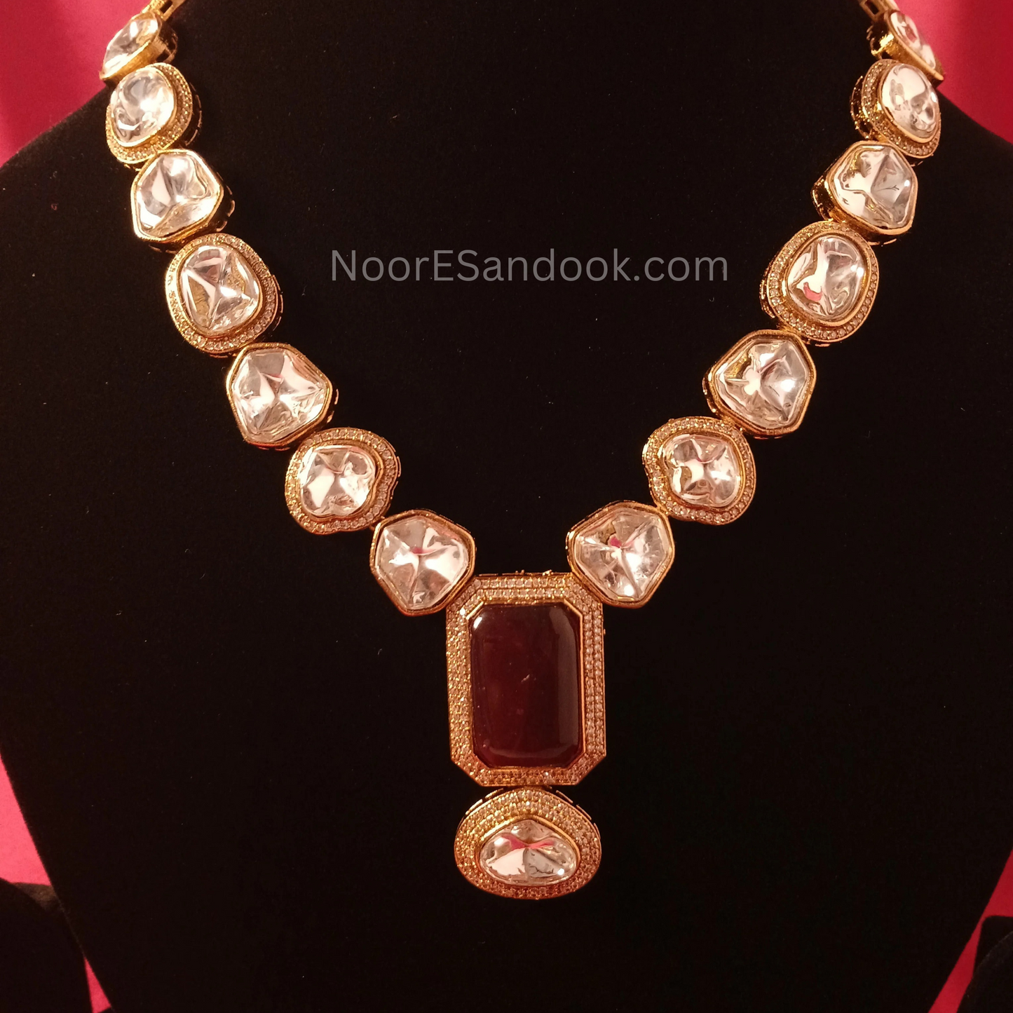 Polki Necklace with long pendant in stone- Red