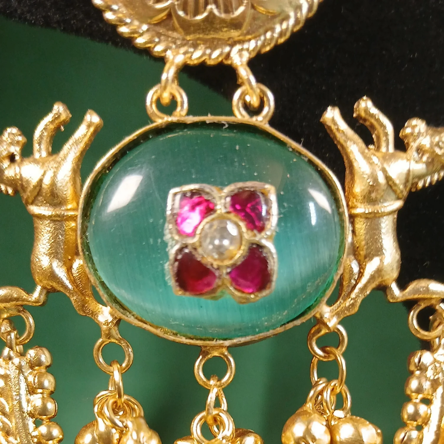 Chandbali- Red Carved Mint Green Stone