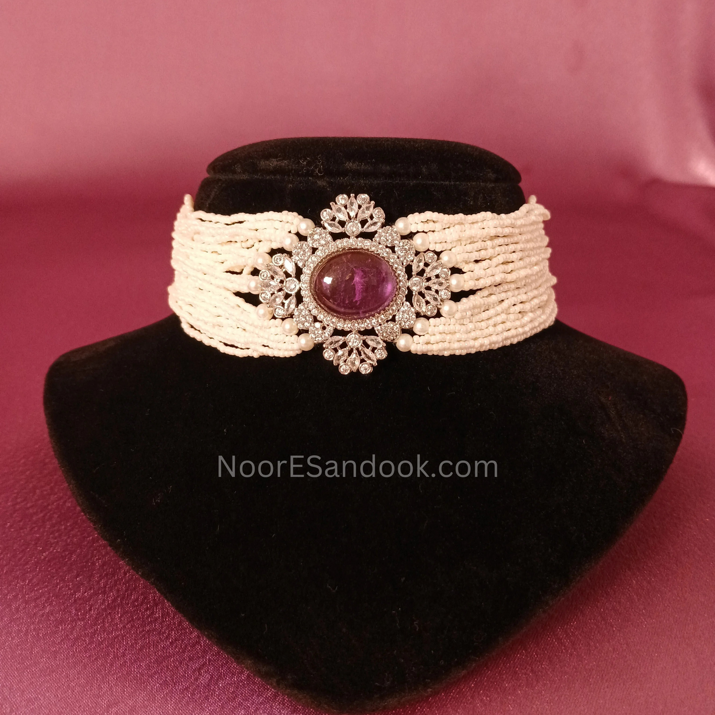Pearl choker layers with stone in between (Pink)