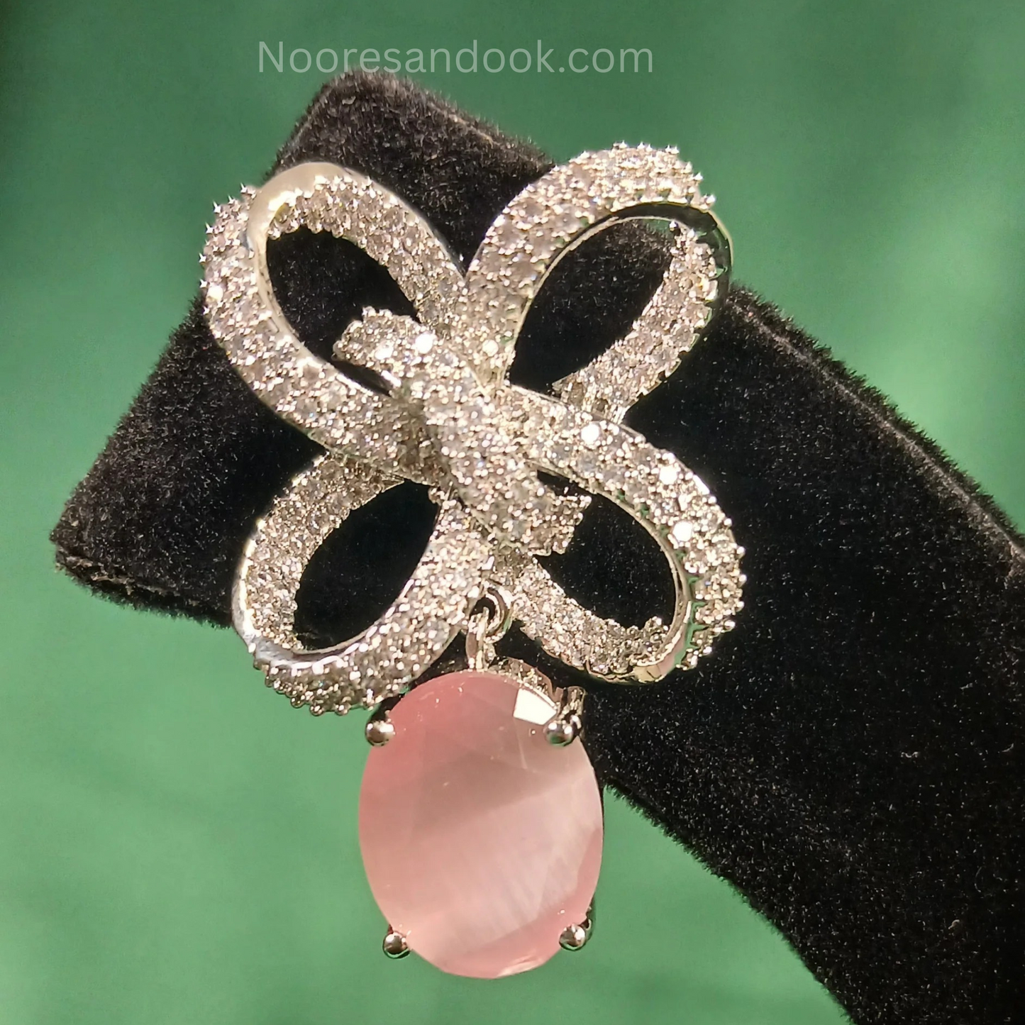 American Diamond Earrings with Pink Drop Stone - NoorESandook