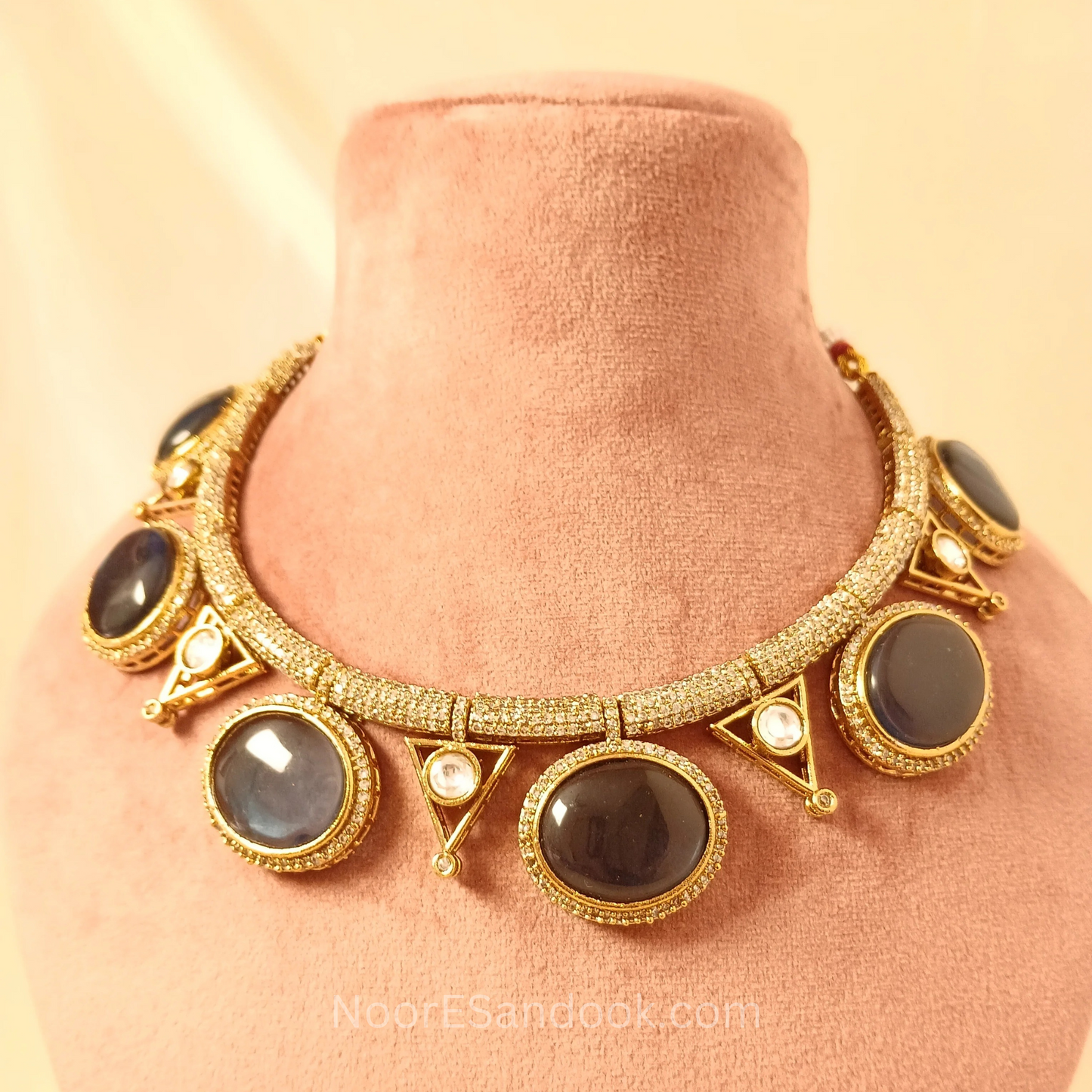 Round and v Doublet stone necklace- Blue