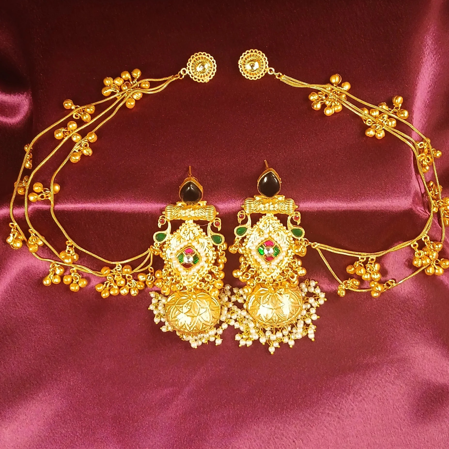 Golden Earrings with Hair Chain