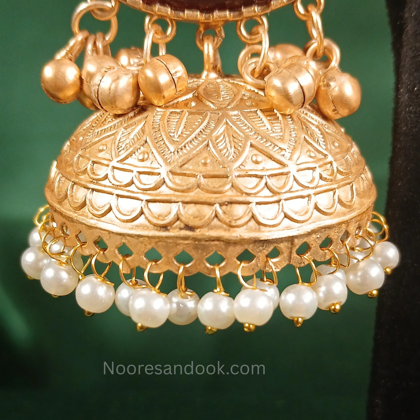 Long Golden Jhumka with red stones - NoorESandook