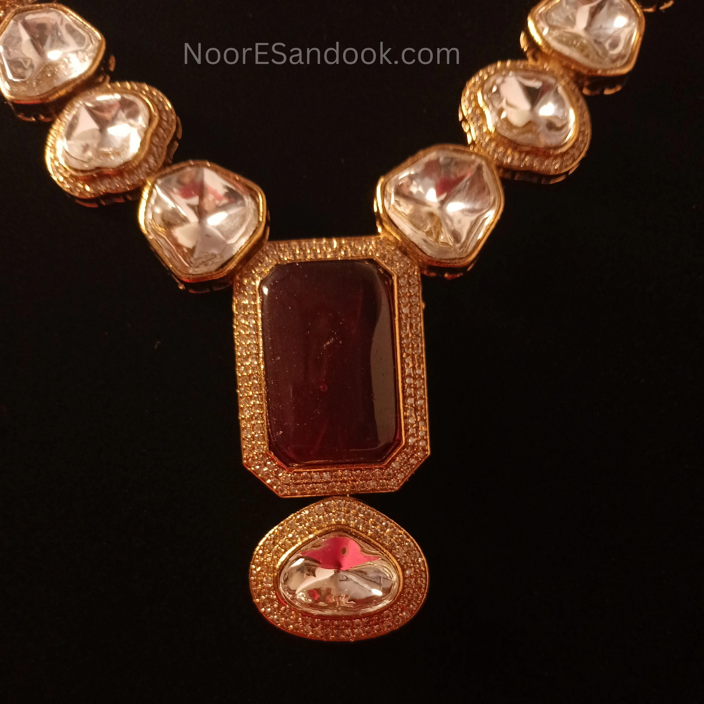 Polki Necklace with long pendant in stone- Red
