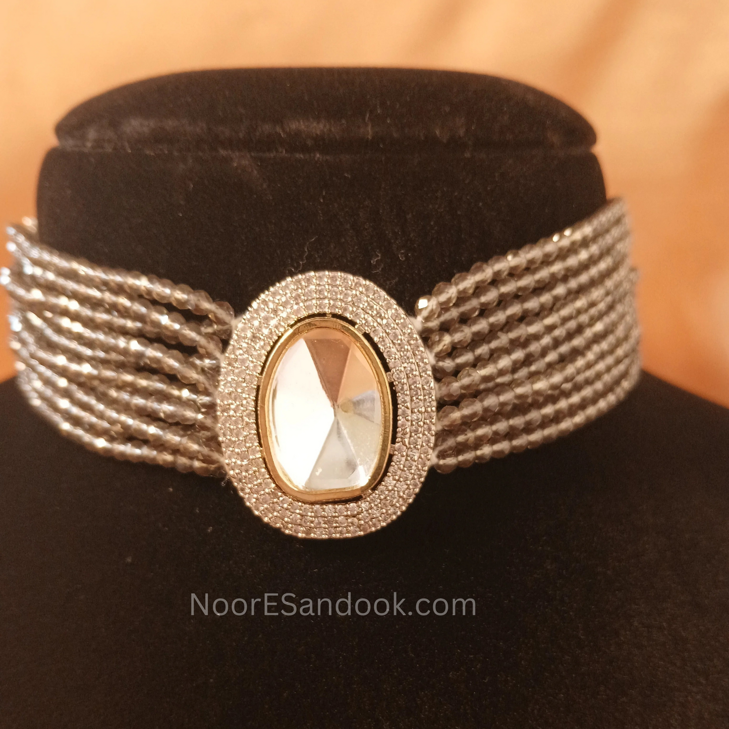 Single Polki Stone Choker- Grey