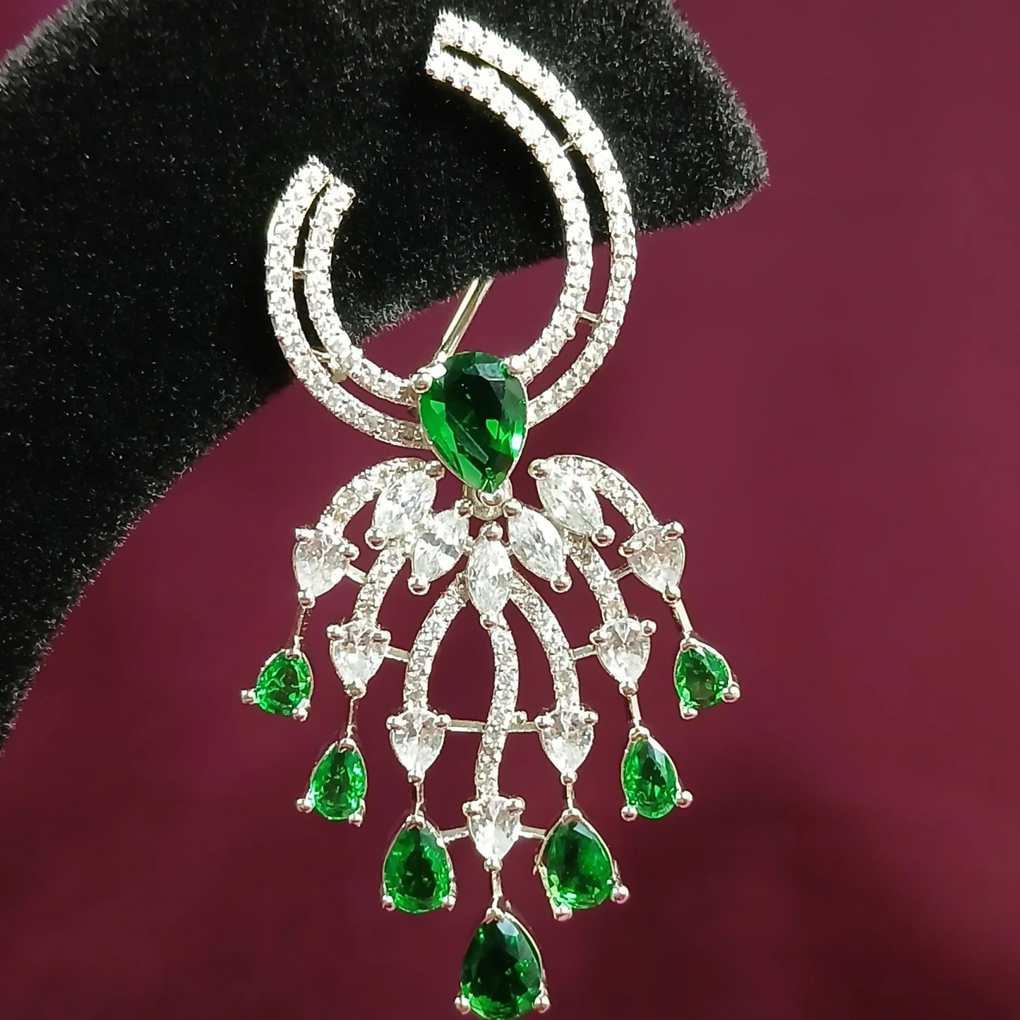 American Diamond Earrings with Green Stones - NoorESandook