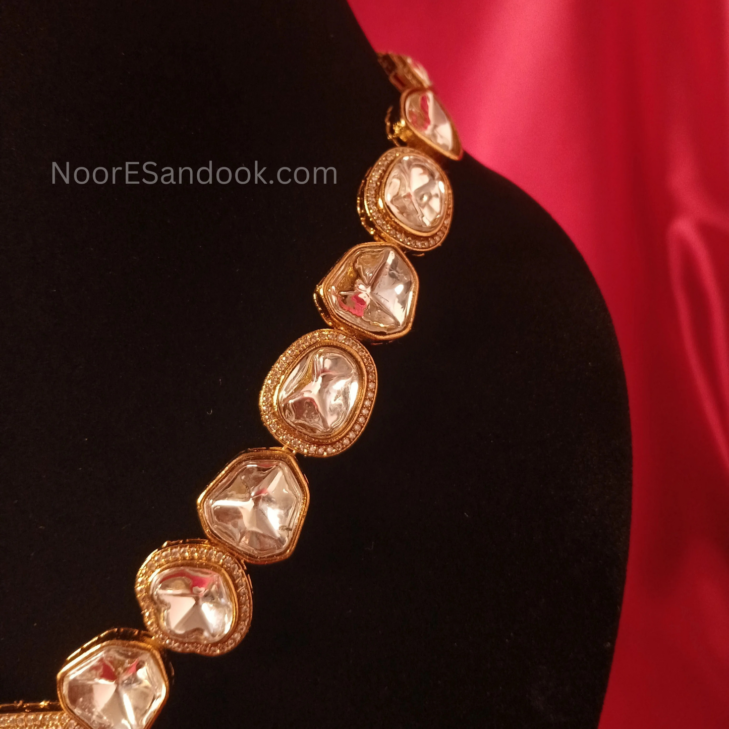 Polki Necklace with long pendant in stone- Red