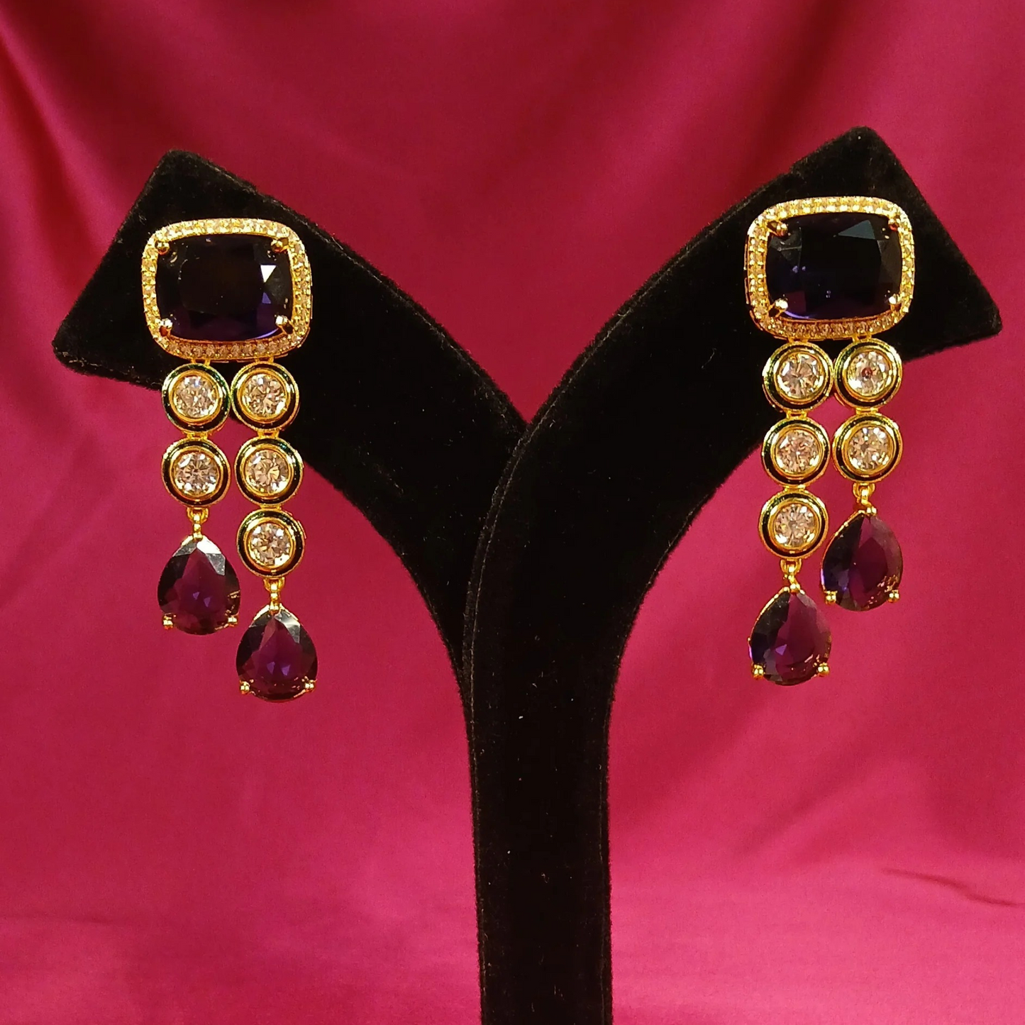 Layered Polki Necklace set with Purple Drop Stones