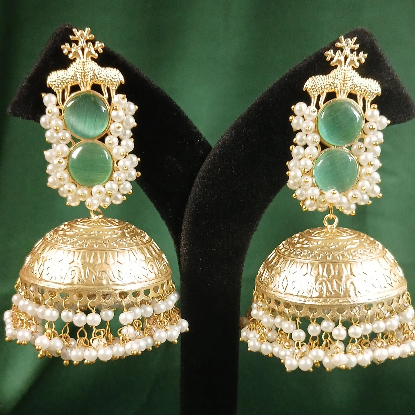 Golden Jhumka Big- Mint Green - NoorESandook