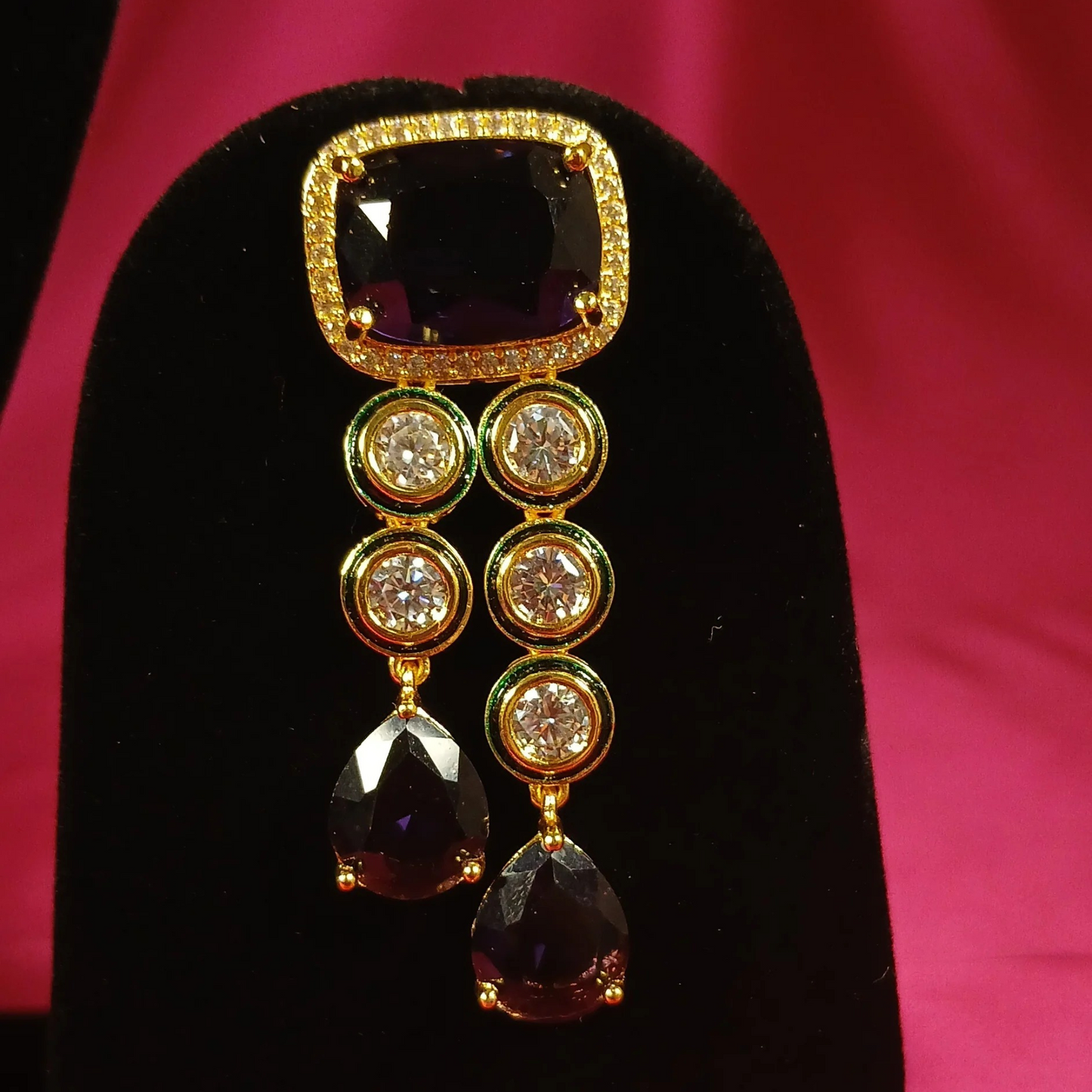 Layered Polki Necklace set with Purple Drop Stones - NoorESandook