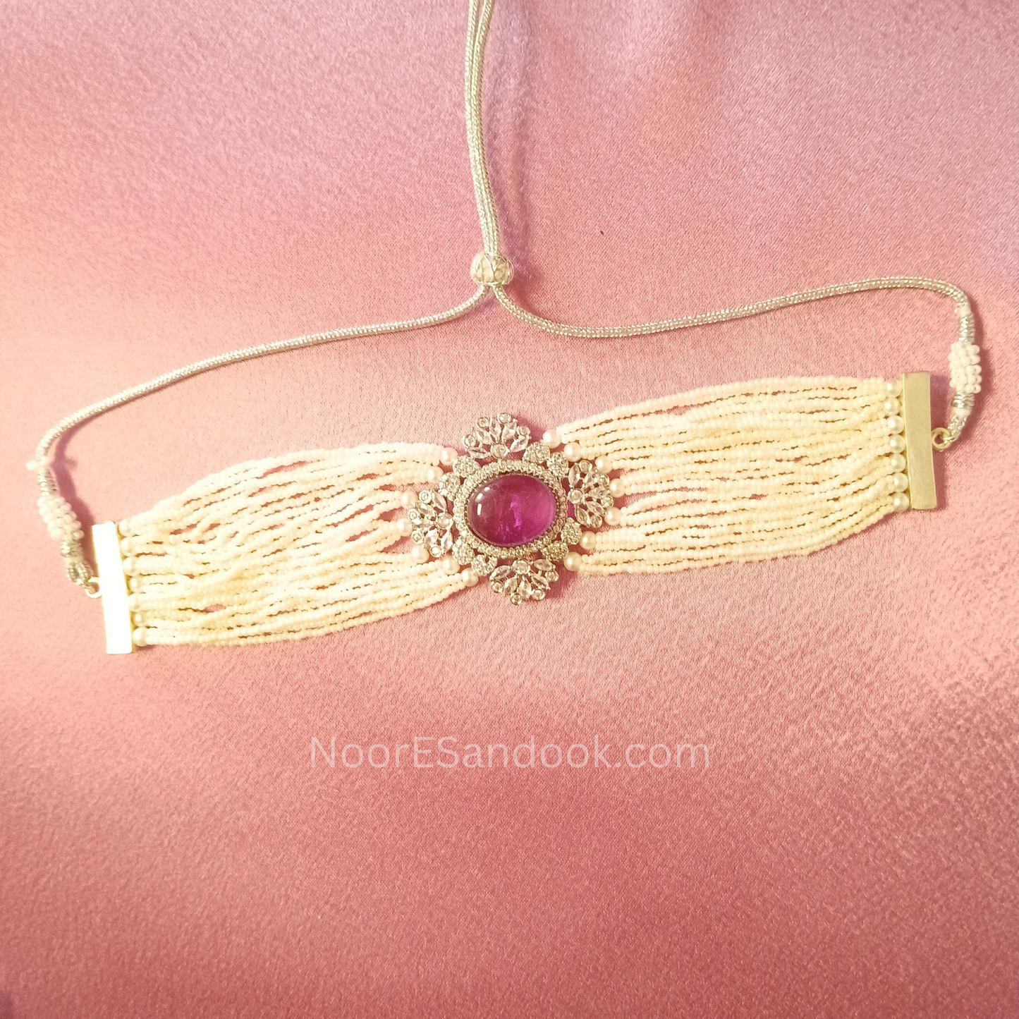 Pearl choker layers with stone in between (Pink)