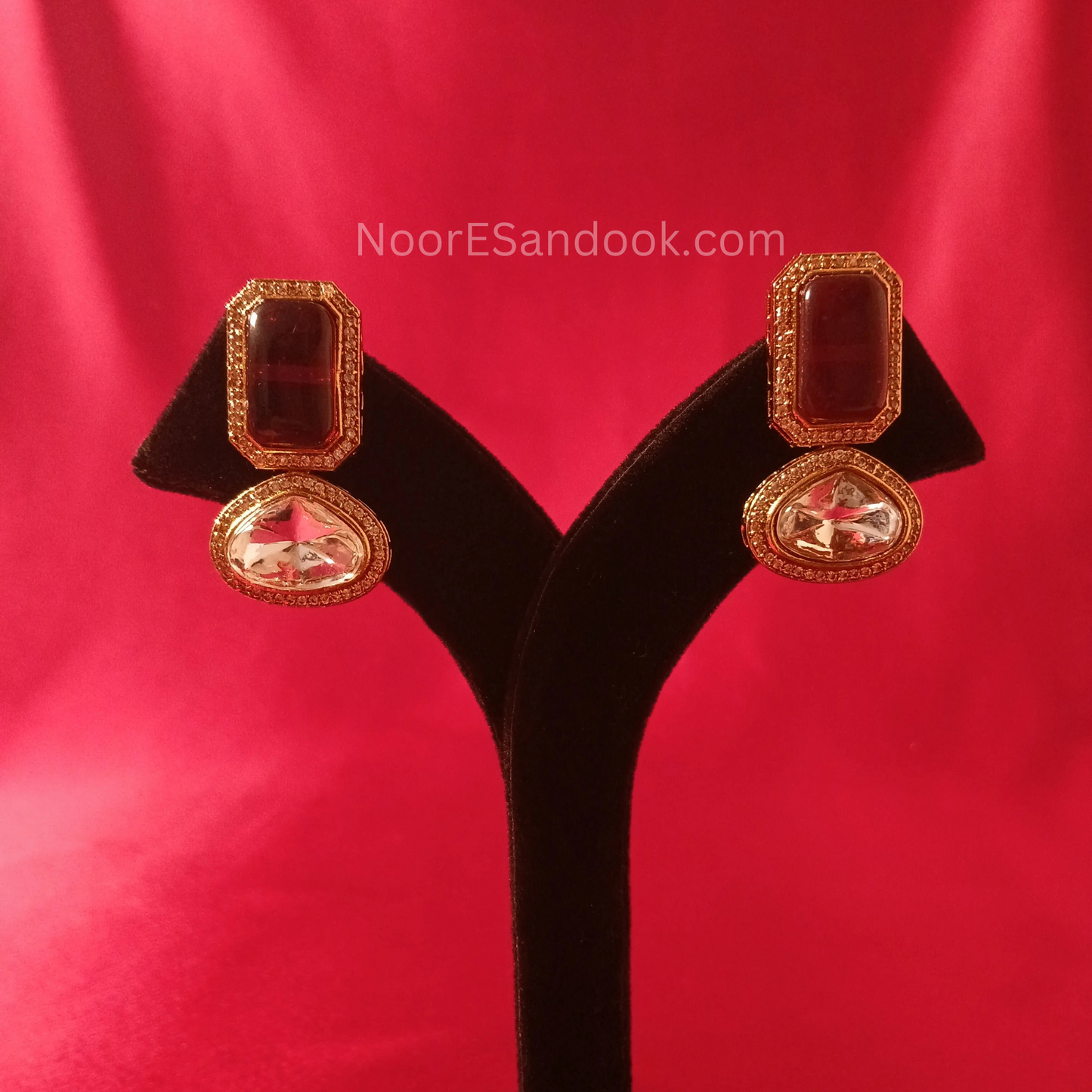 Polki Necklace with long pendant in stone- Red