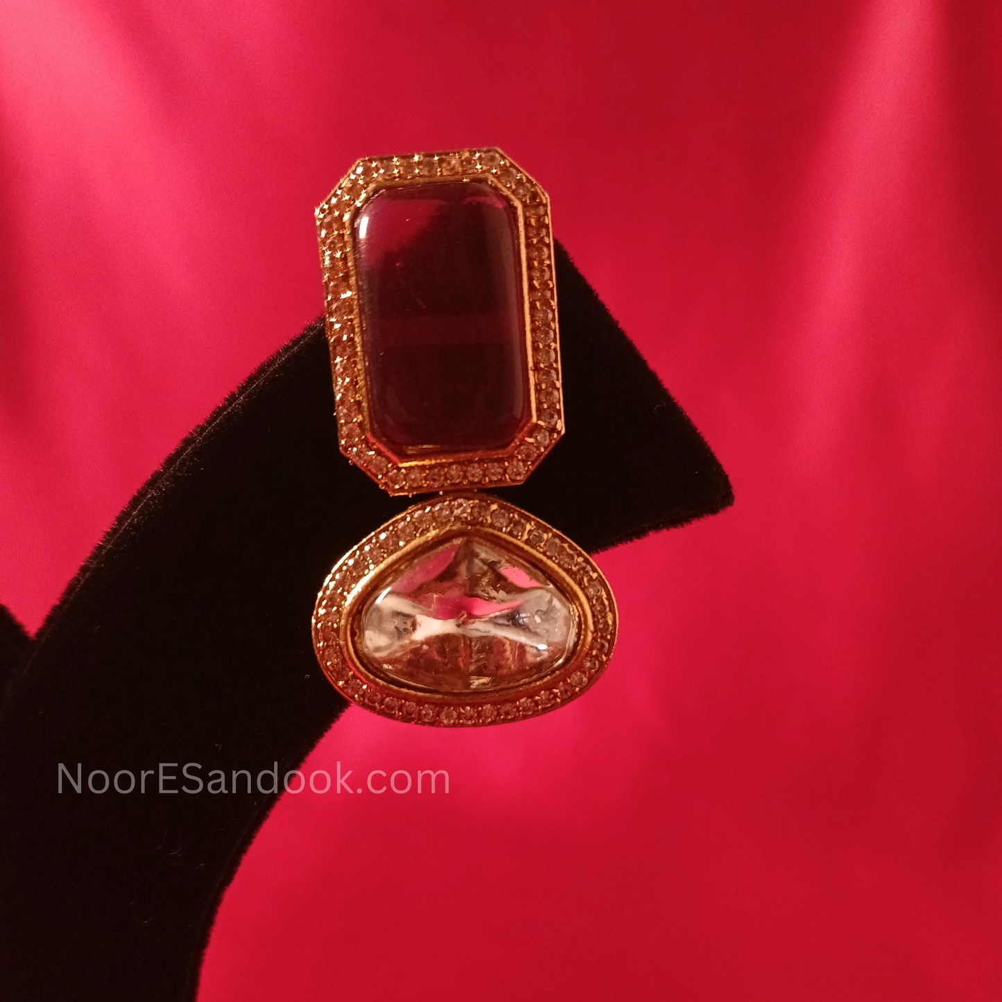 Polki Necklace with long pendant in stone- Red