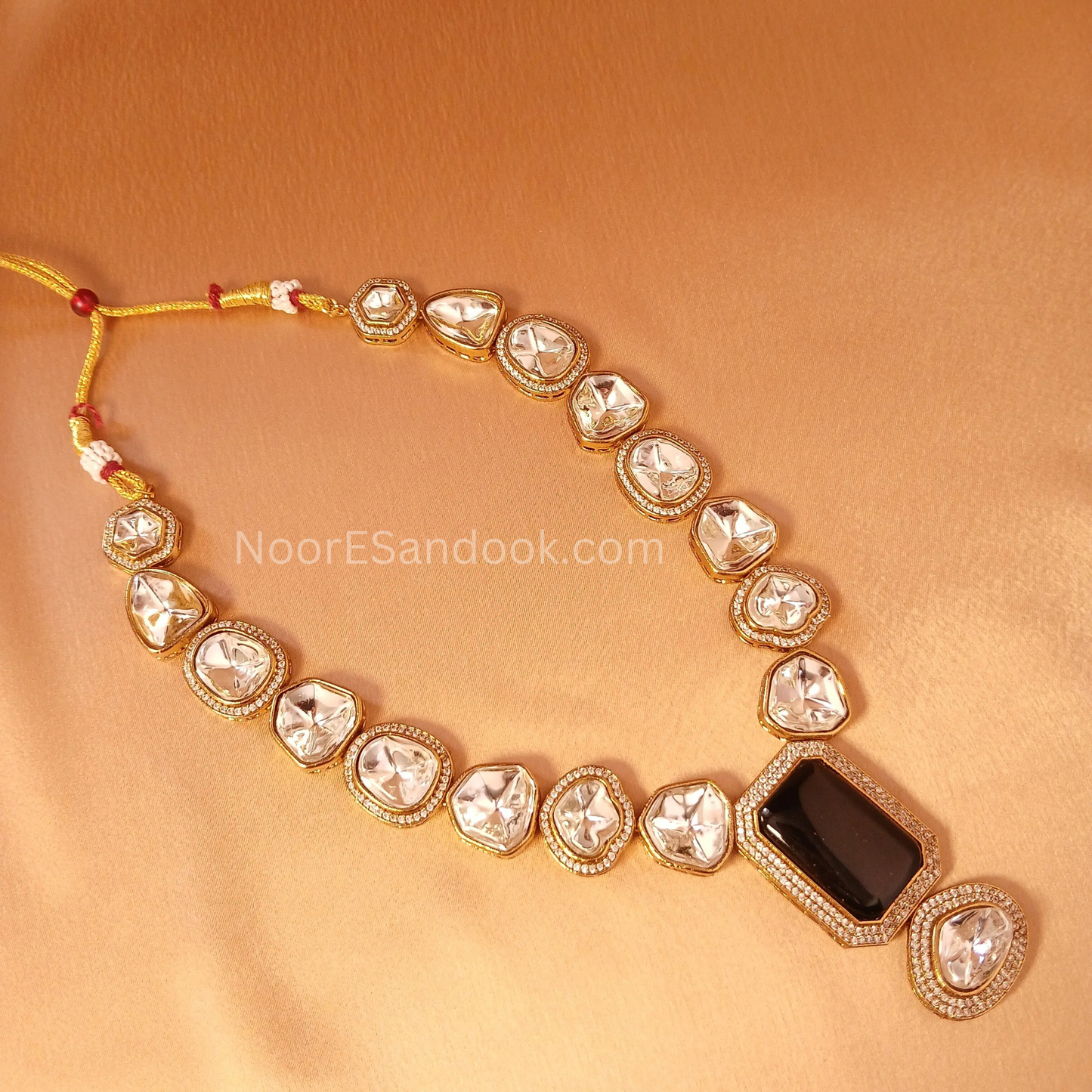 Polki Necklace with long pendant in stone- Black