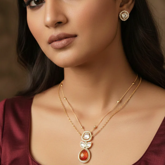 Polki Pendant Set with Double Layer Chain- AP163C