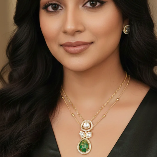 Polki Pendant Set with Double Layer Chain- AP163B