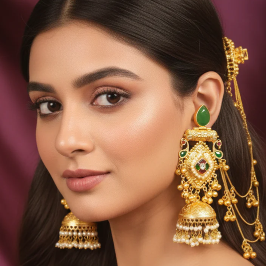 Golden Earrings with Hair Chain