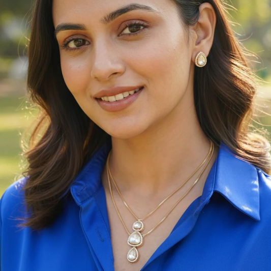 Double Layer Chain Polki Pendant Set- AJ158