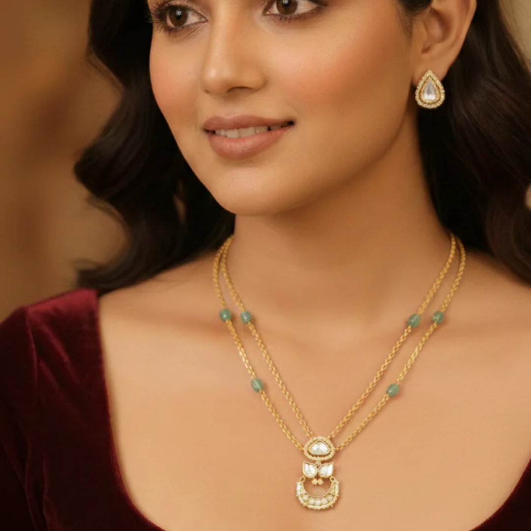 Polki Pendant Set with Double Layer Chain- AP169B