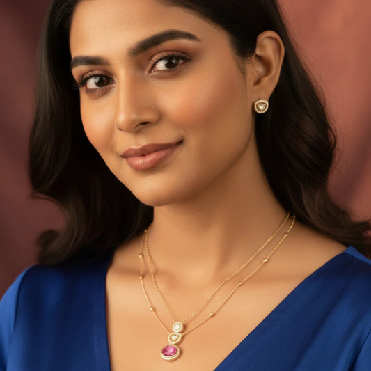 Polki Pendant Set with Doublet Stone & Double Layer Necklace- AP168C