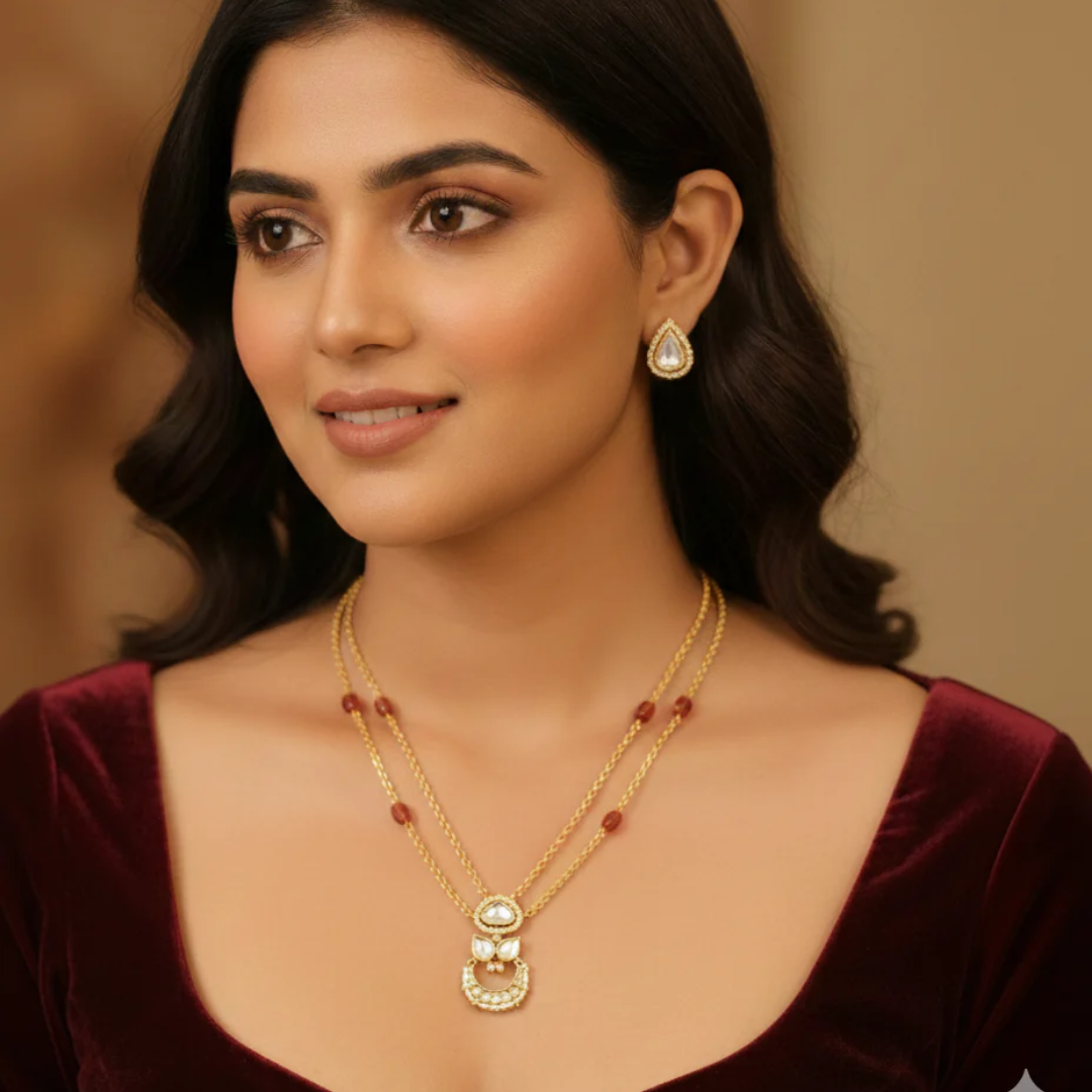 Polki Pendant Set with Double Layer Chain- AP169A